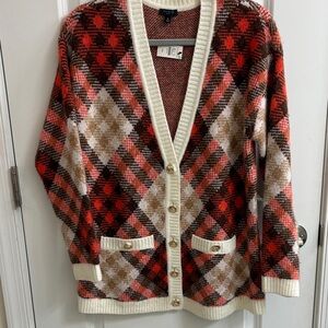 Talbots Red and Cream Plaid Cardigan